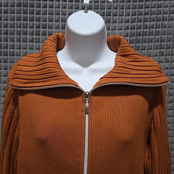 Y2K Burnt Orange Ribbed Jacket SzXL Belldini Retro Slinky Stretch FullZip Preppy - Picture 7 of 16